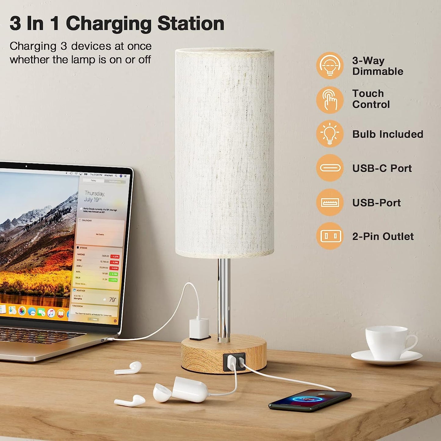 Dimmable Touch Lamp with USB Charging Ports