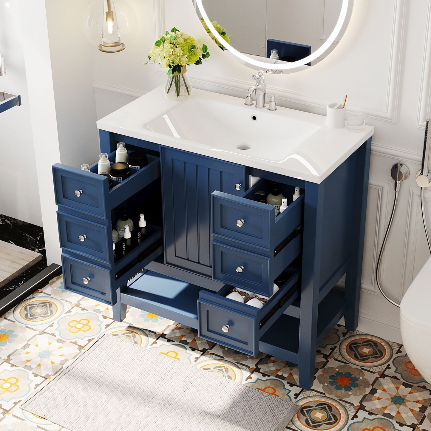 36" Blue Bathroom Vanity with Sink Combo Freestanding