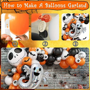 VENEITO Halloween Balloon Garland Kit with 105pcs Orange and Black Balloons, Featuring Ghost Skull Designs – Perfect for Nightmare Before Christmas, Day of the Dead, and More ➡ OD-00018