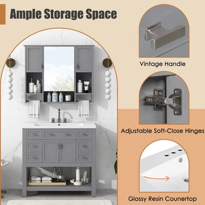 36" Modern Bathroom Vanity with Top Sink and Mirror Cabinet Freestanding