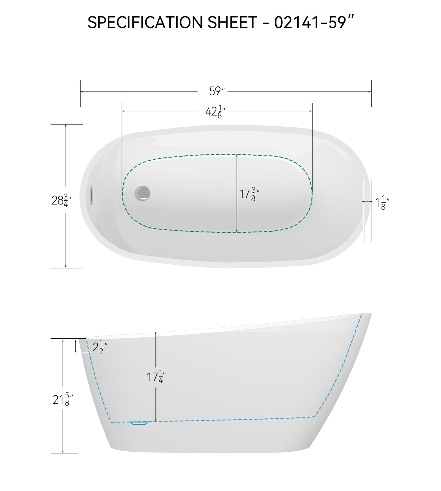 59" Glossy White Acrylic Freestanding Bathtub with Chrome Drain simple style