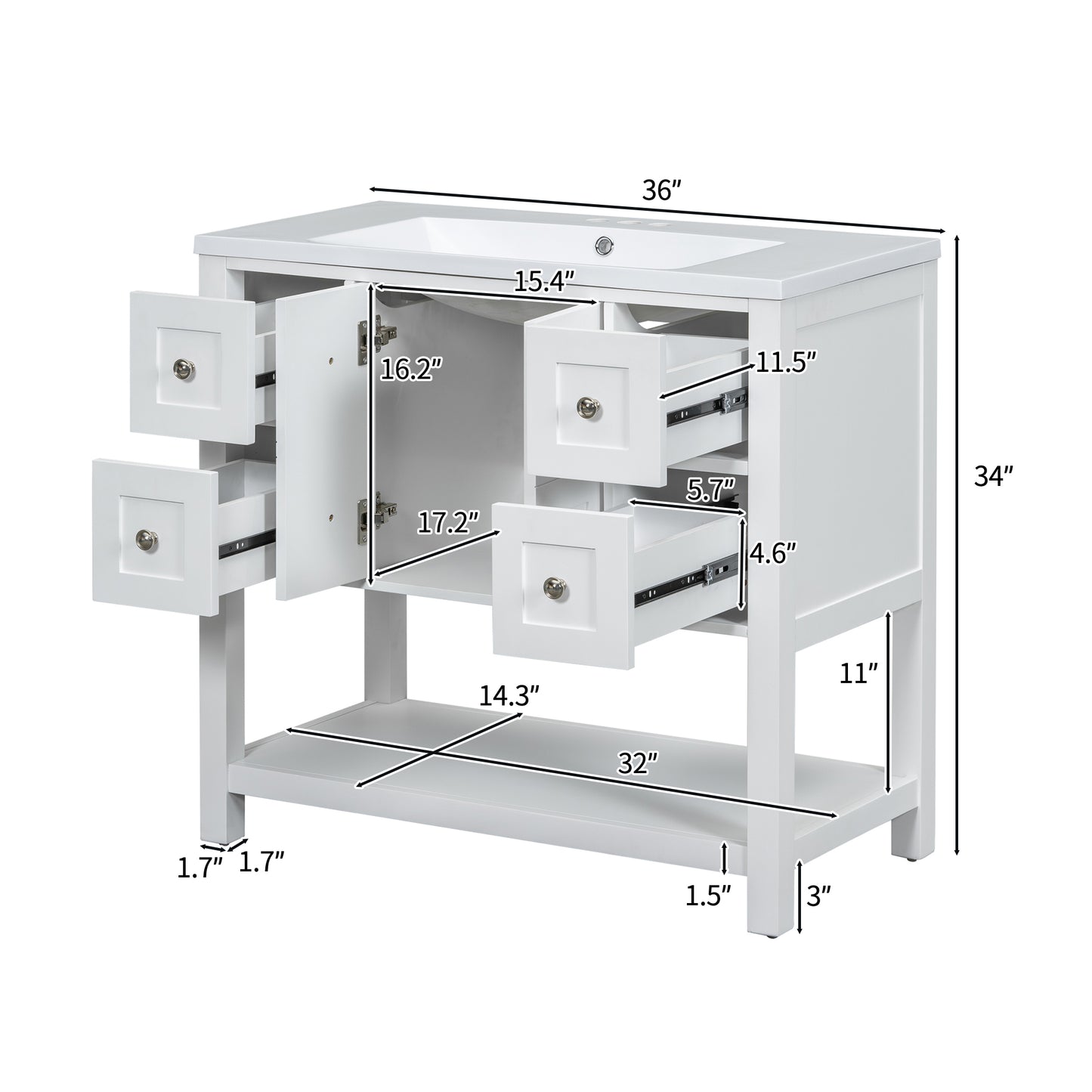 36" Bathroom Vanity with Undermount Sink Freestanding