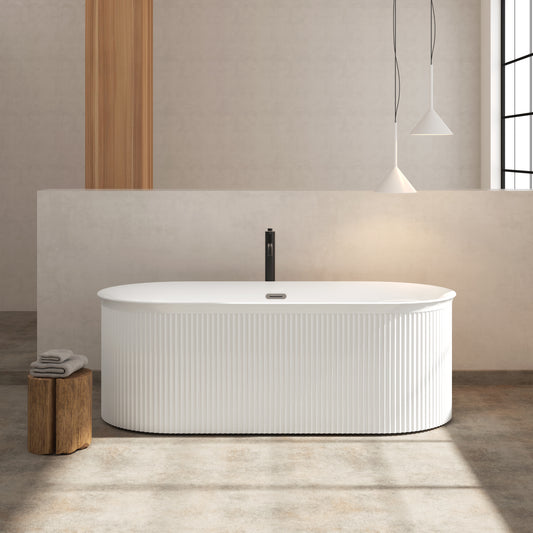 67" Gloss White Fluted Acrylic Freestanding Bathtub with Chrome Drain