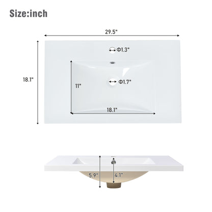 30" White Bathroom Vanity with Single Sink Freestanding Solid Wood Frame