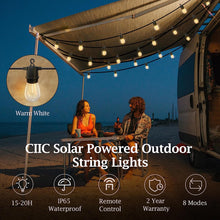 Charger l&#39;image dans la galerie, VENETIO Solar Outdoor String Lights - 48FT LED Patio Lights Solar Powered, Dimmable, Waterproof (IP65), with 8 Modes and 16+2 Shatterproof Bulbs. Perfect for Party, Yard - 3000K Warm White ➡ OD-00011