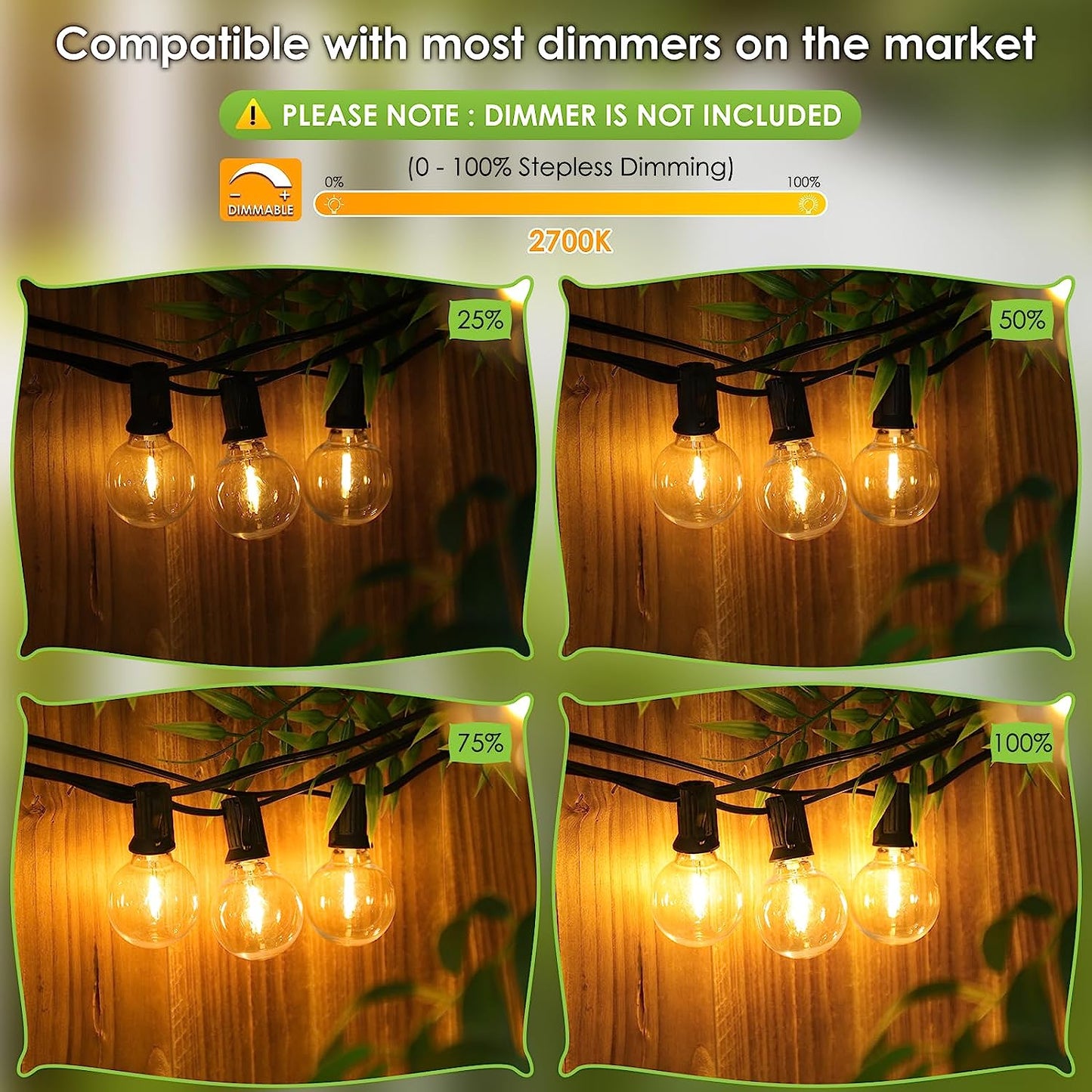 100ft Dimmable LED Outdoor String Lights Black Cord