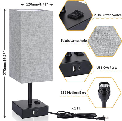 Bedside Table Lamps with USB Charging Ports Set of 2