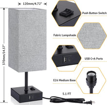 Laden Sie das Bild in den Galerie-Viewer, VENETIO Set of 2 Bedside Table Lamp, Small Nightstand Lamp with 2 USB C+A Charging Ports,Push Button Switch,Gray Fabric Square Lampshade Lamp for Bedroom,Livingroom,Office,Dorm,Home(Bulb not Include) ➡ B-00005