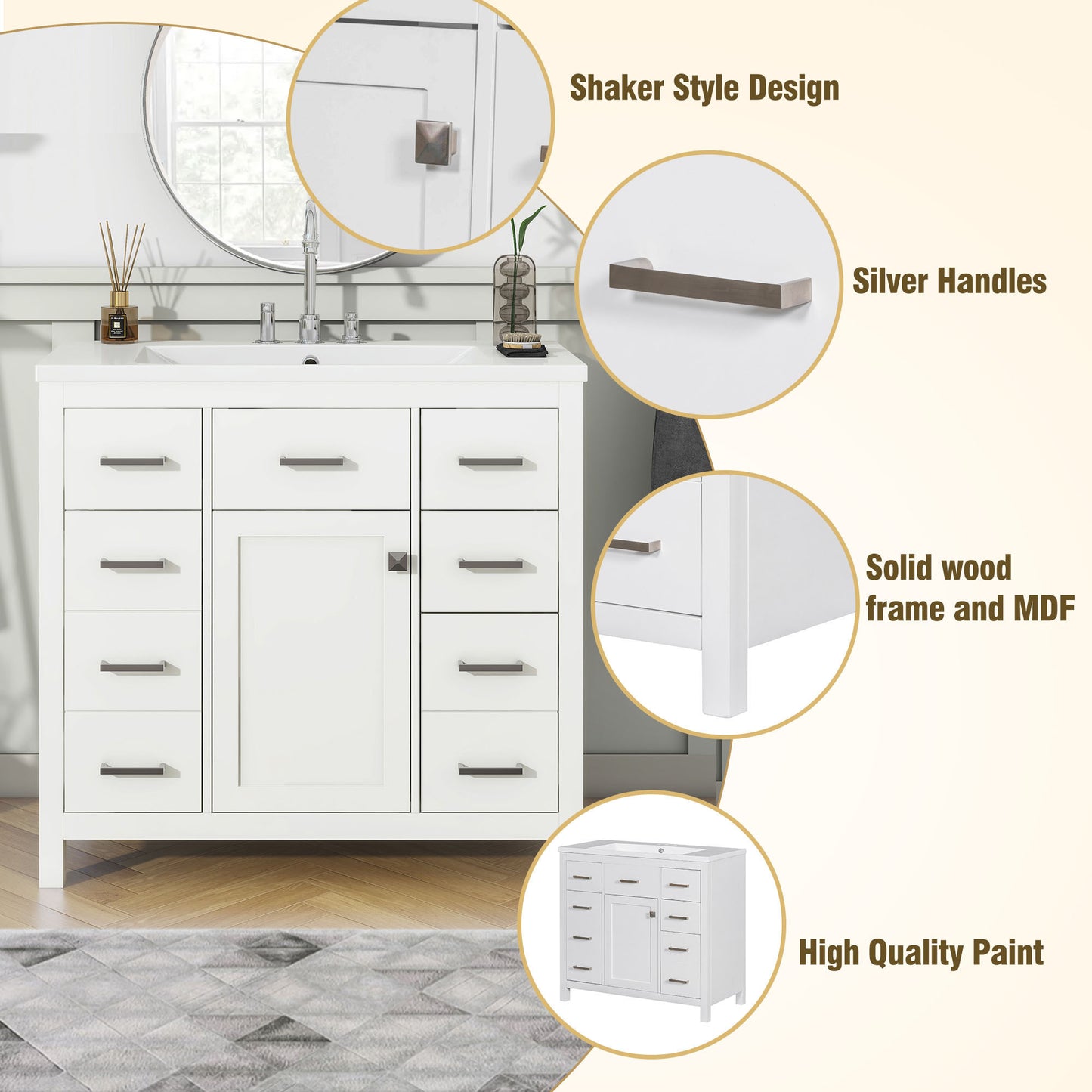 36" White Bathroom Vanity with Multifunctional Storage Space Freestanding