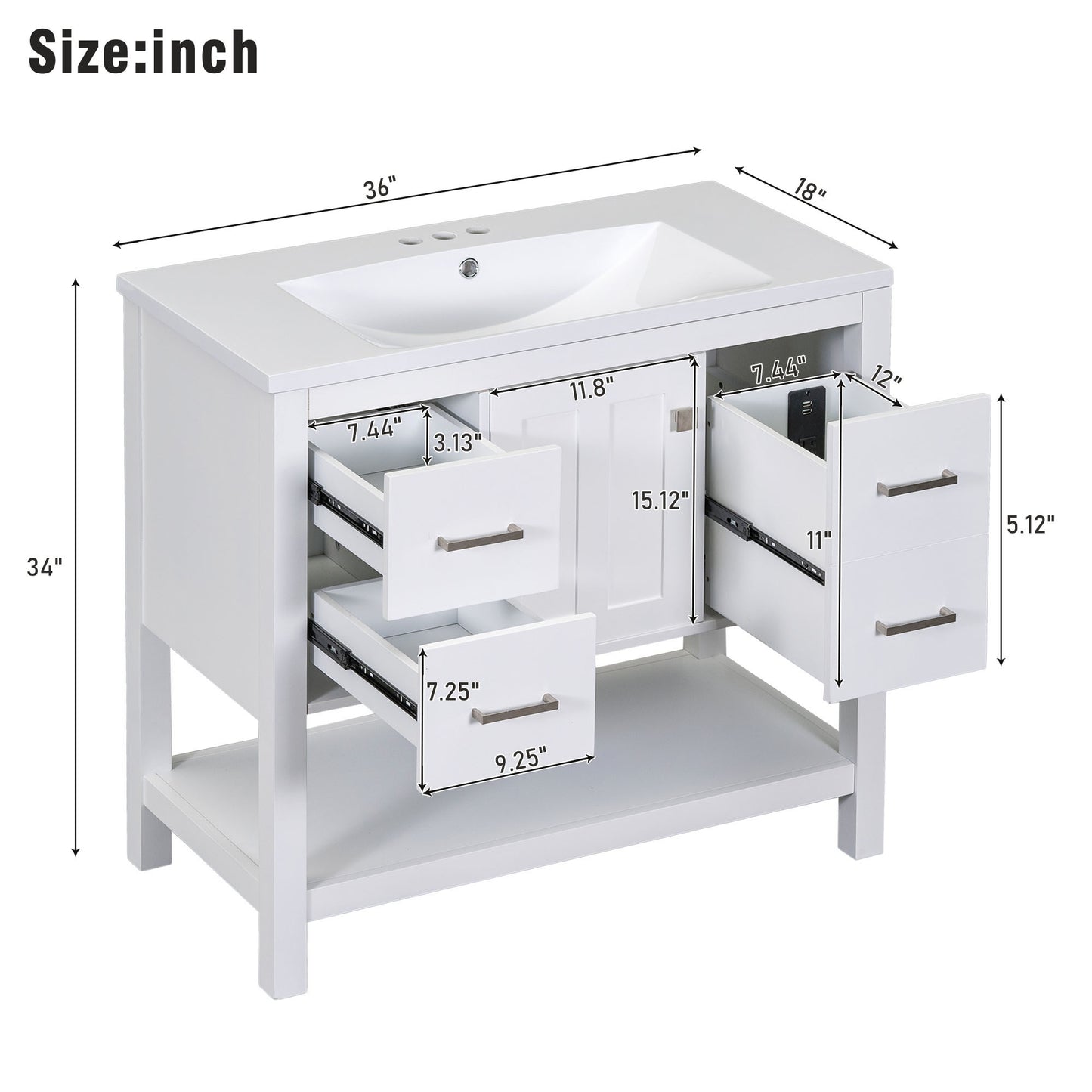 36" White Modern Bathroom Vanity with USB Freestanding