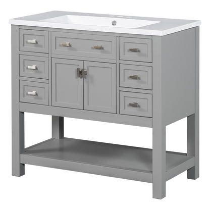 36" Modern Bathroom Vanity with Top Sink and Mirror Cabinet Freestanding