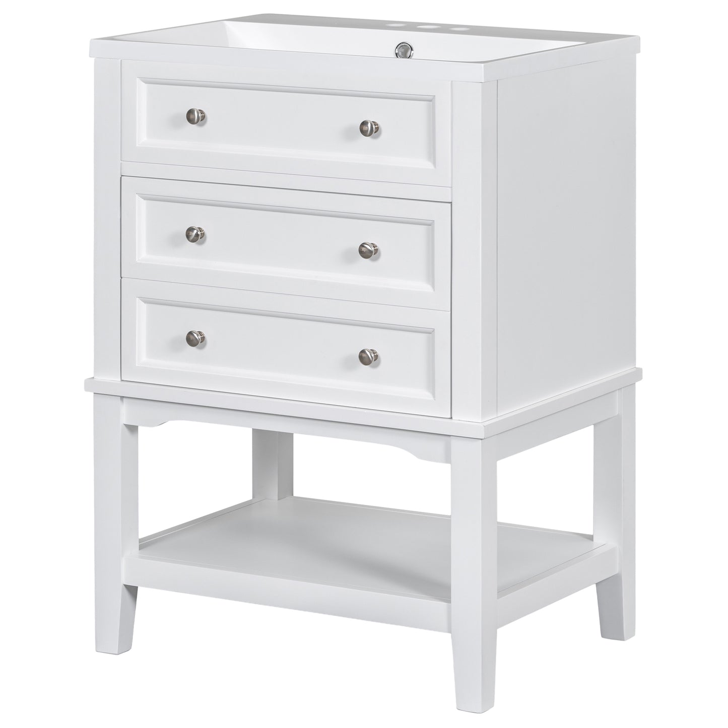 24" White Bathroom Vanity with Single Sink Free-standing Drawer and Open Shelf