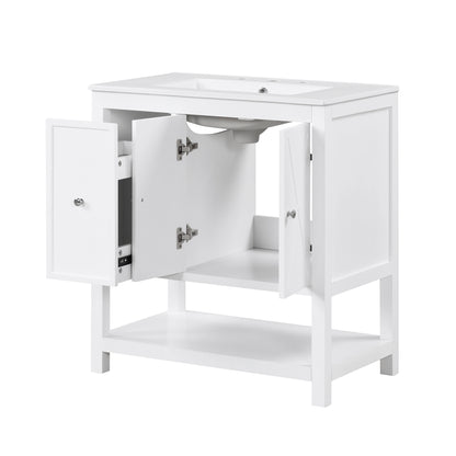 30" White Bathroom Vanity with Sink Top Freestanding Two Doors One Drawer