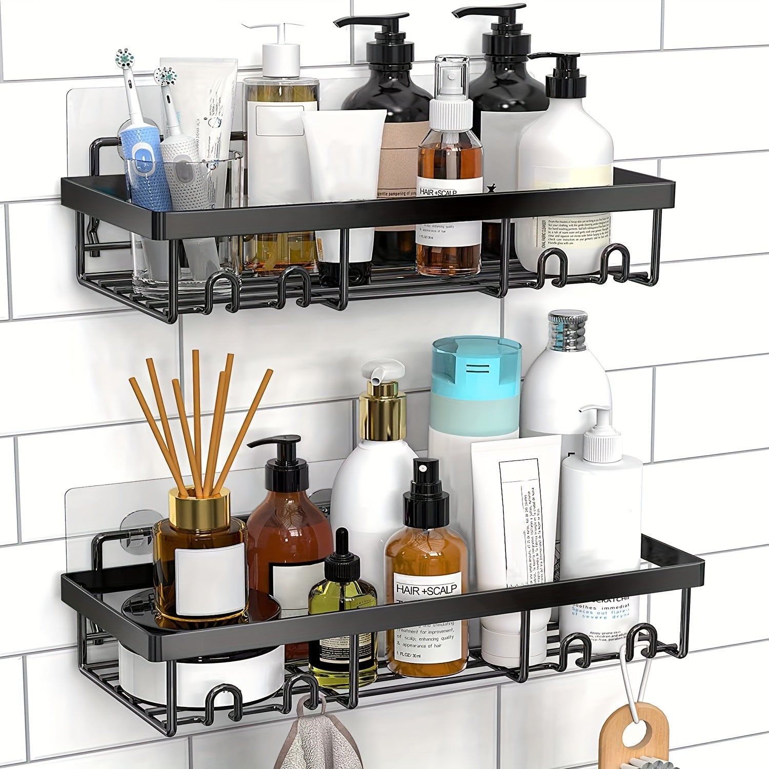 VENETIO Upgrade Your Shower with Rustproof Storage: 2/3/4pcs Wall Mounted Adhesive Shower Organizer Shelf with Hooks & No Drilling! ➡ SO-00033