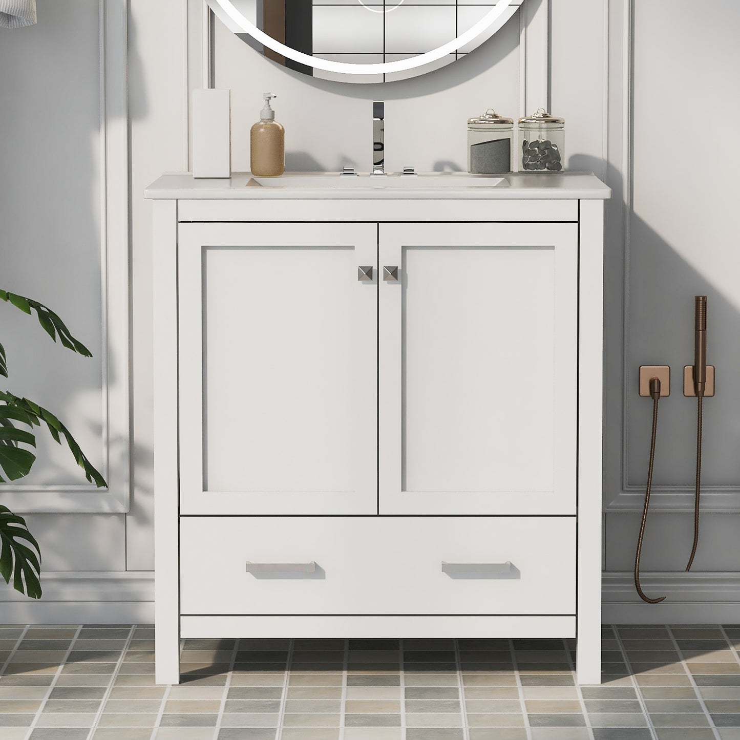 30" White Bathroom Vanity with Single Sink Freestanding Undermount Sink