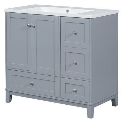 36" White & Gray Blue Bathroom Vanity with USB Charging Freestanding