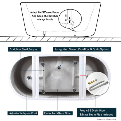 67" Gloss White Fluted Acrylic Freestanding Bathtub with Chrome Drain