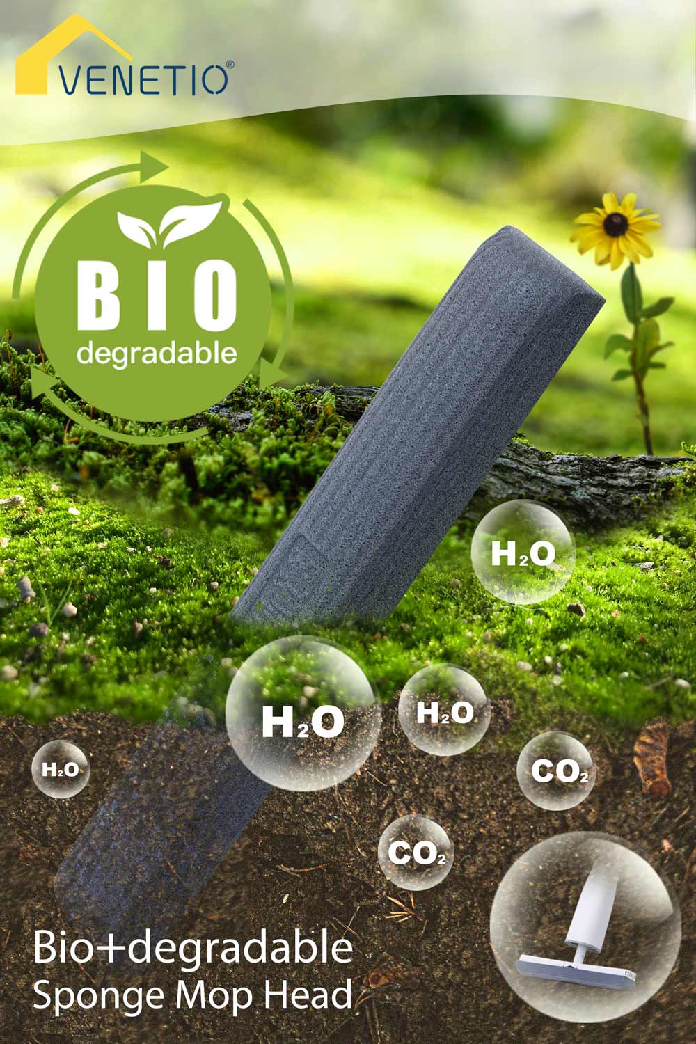 VENETIO Roller Sponge Mop for Floor Cleaning with 3 Biodegradable PU Mop Heads