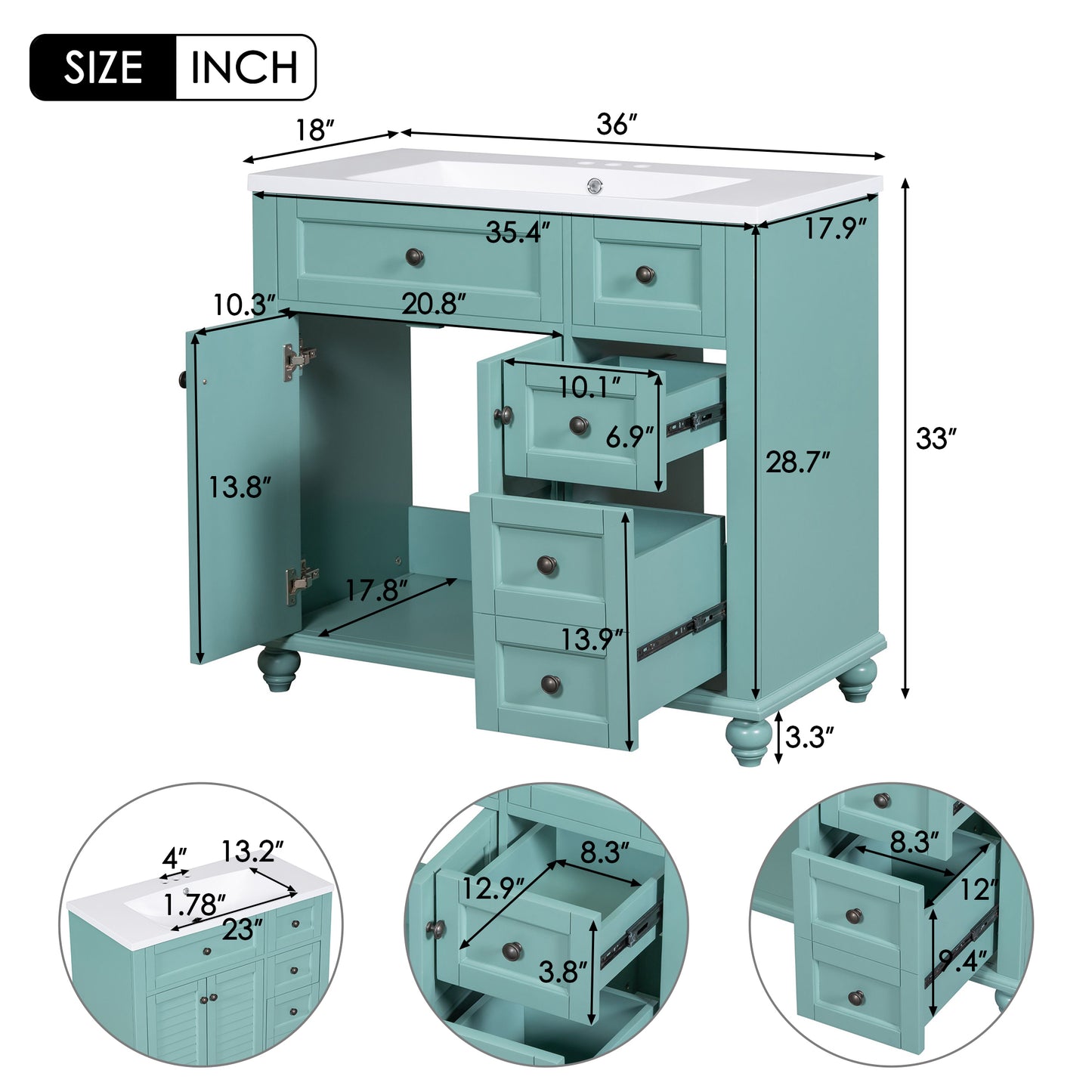 36" Bathroom Vanity with Undermount Sink Freestanding