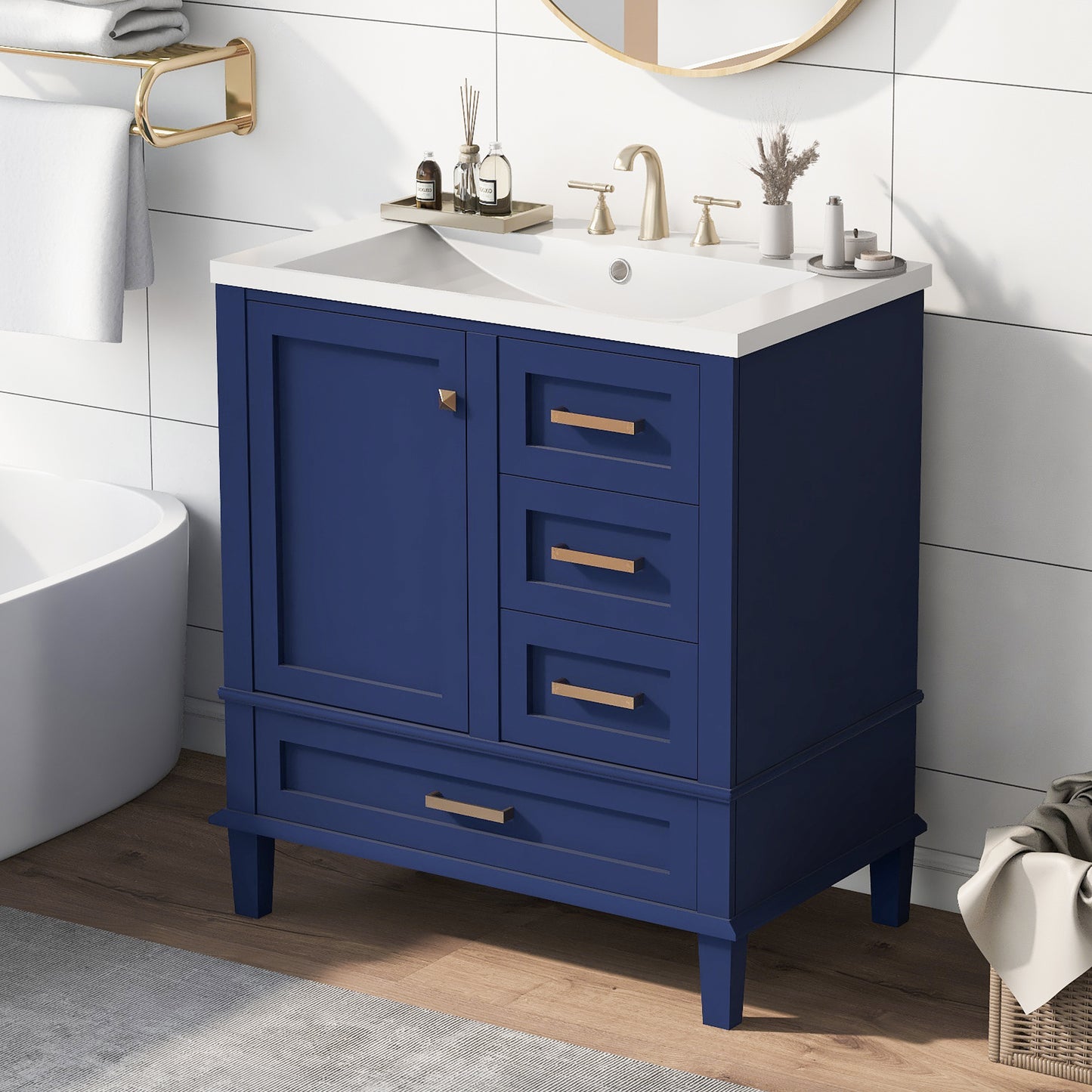 30" Blue Bathroom Vanity with Sink Freestanding Soft Closing Doors and 3 Drawers