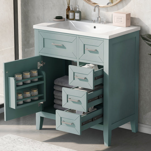 30" Green Bathroom Vanity with Sink Freestanding Drawers Solid Frame