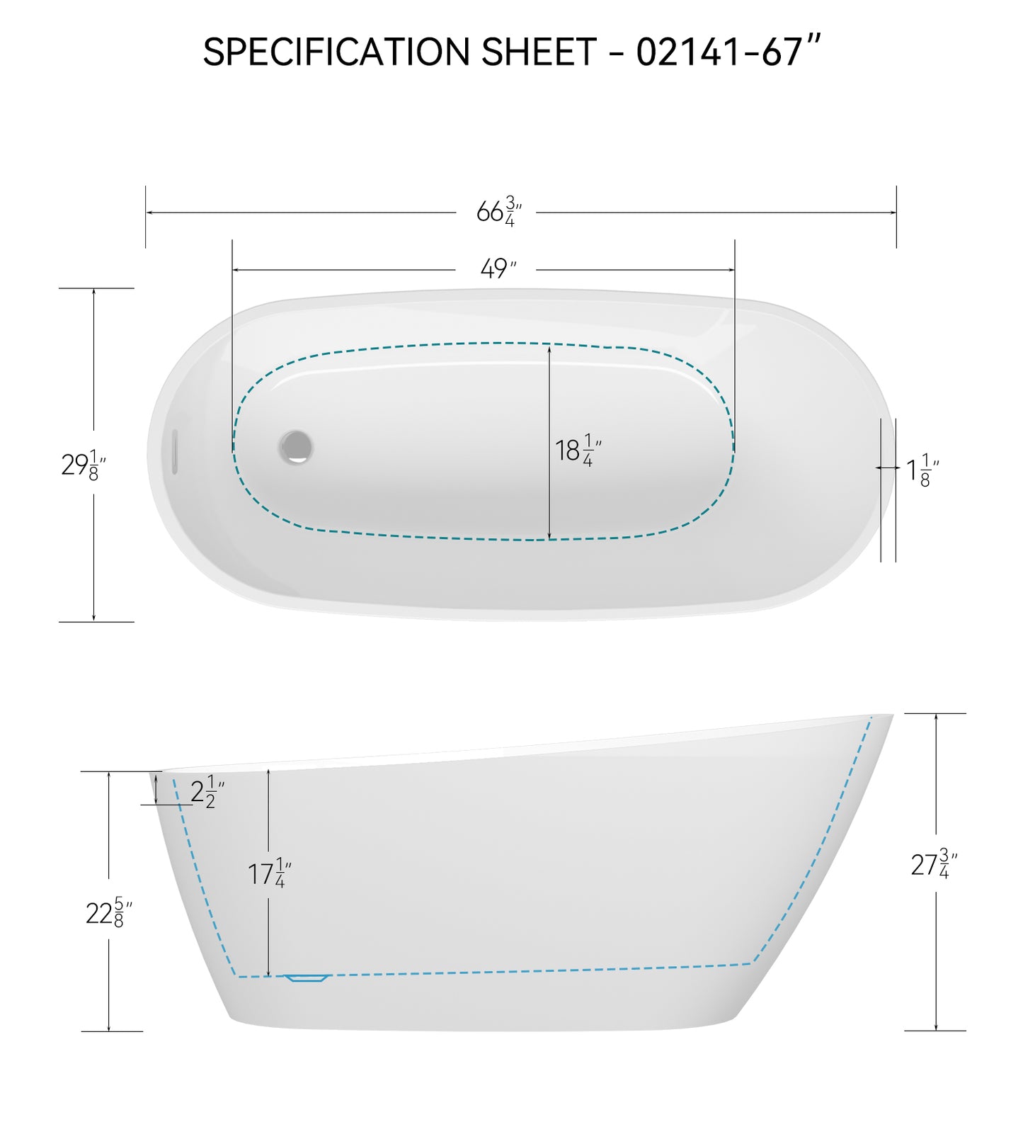 67" Glossy White Acrylic Freestanding Bathtub with Chrome Drain and Easy Install