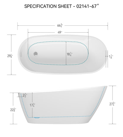 67" Glossy White Acrylic Freestanding Bathtub with Chrome Drain and Easy Install