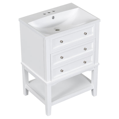 24" White Bathroom Vanity with Single Sink Free-standing Drawer and Open Shelf