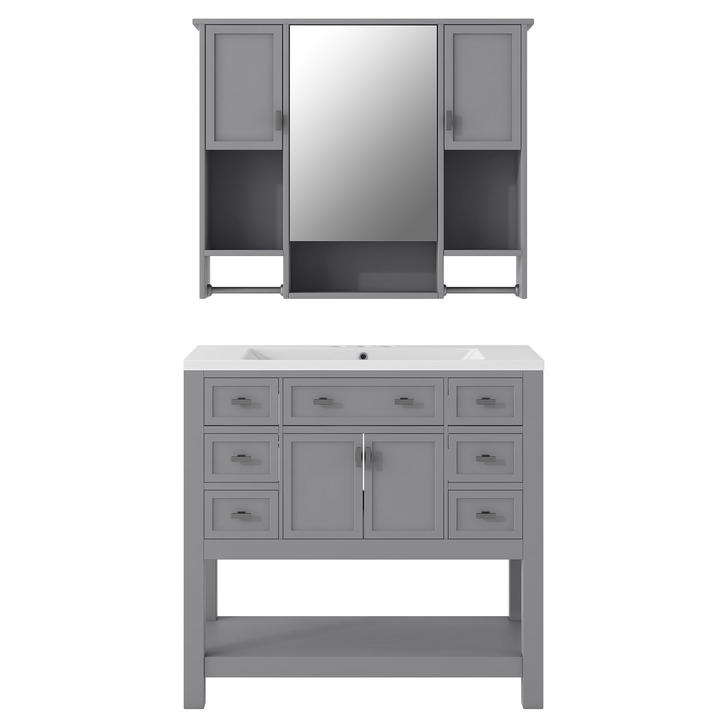 36" Modern Bathroom Vanity with Top Sink and Mirror Cabinet Freestanding