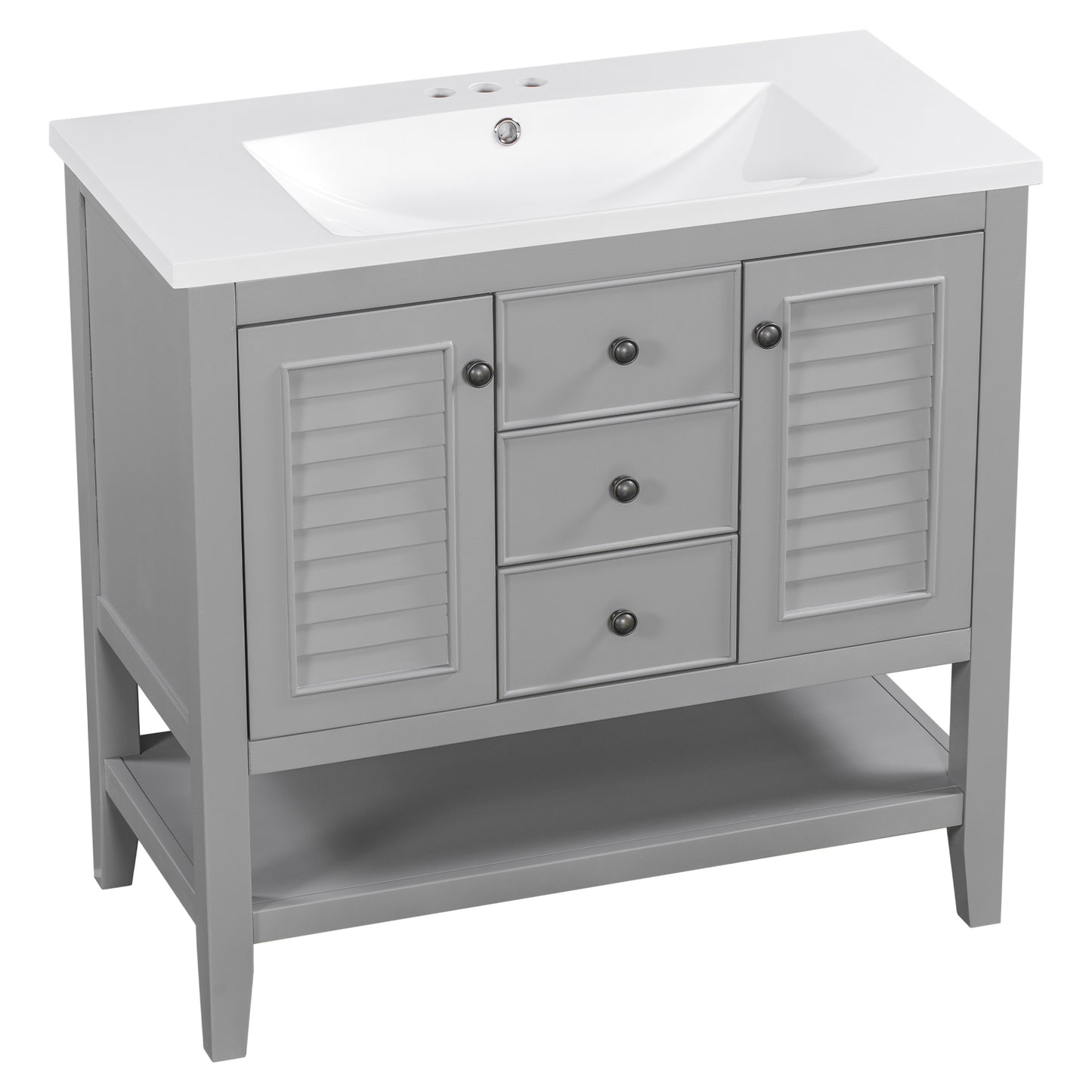 36" Grey Bathroom Vanity with Ceramic Basin Freestanding