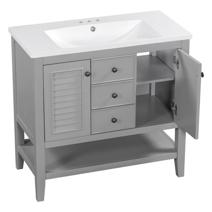 36" Grey Bathroom Vanity with Ceramic Basin Freestanding