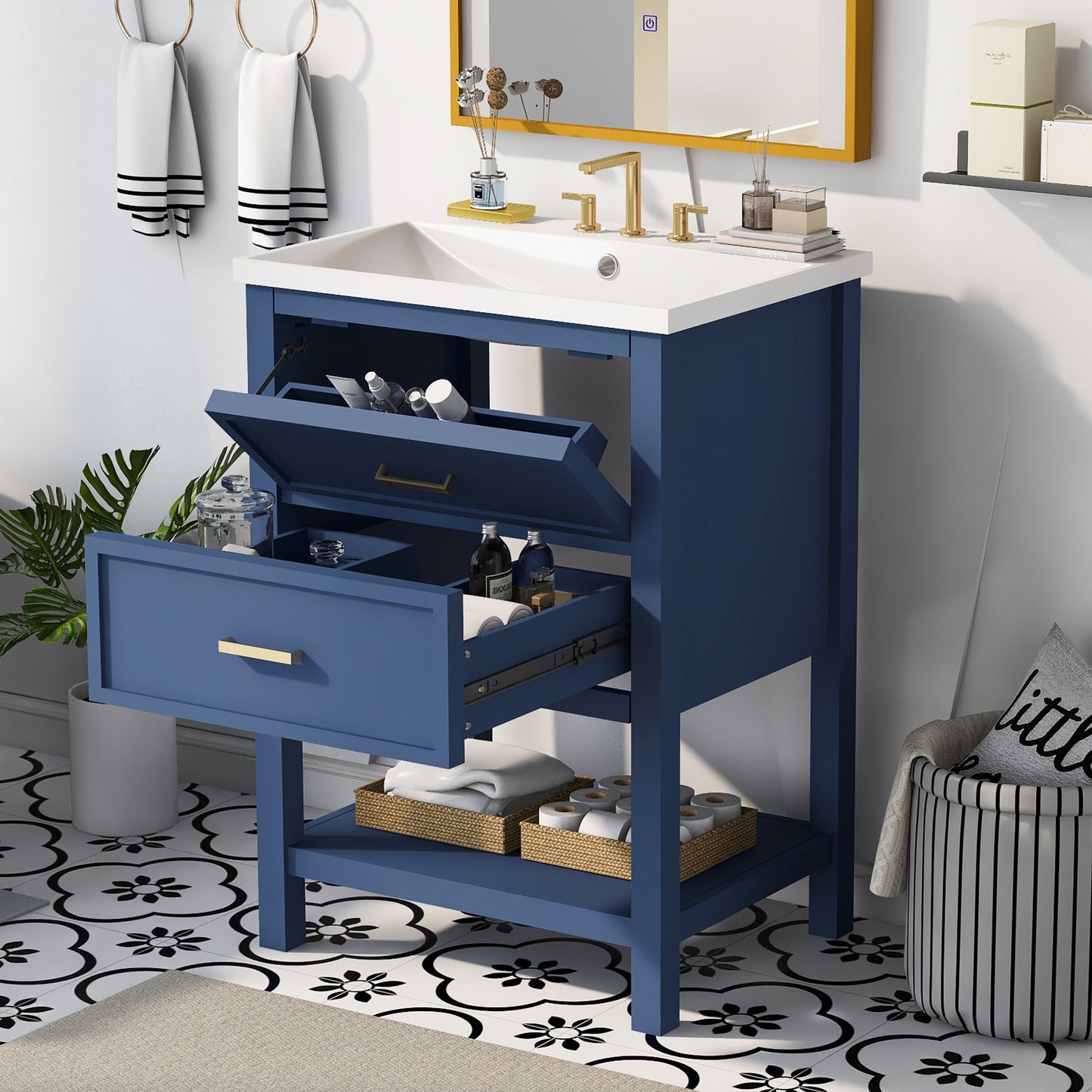 24" Blue Modern Bathroom Vanity with Top Sink Standing 2 Drawers