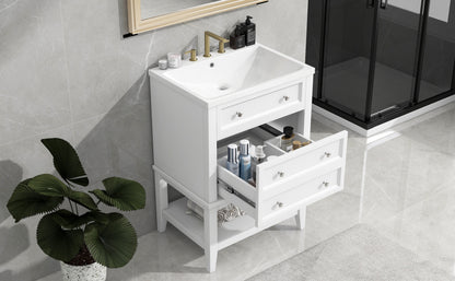 24" White Bathroom Vanity with Single Sink Free-standing Drawer and Open Shelf