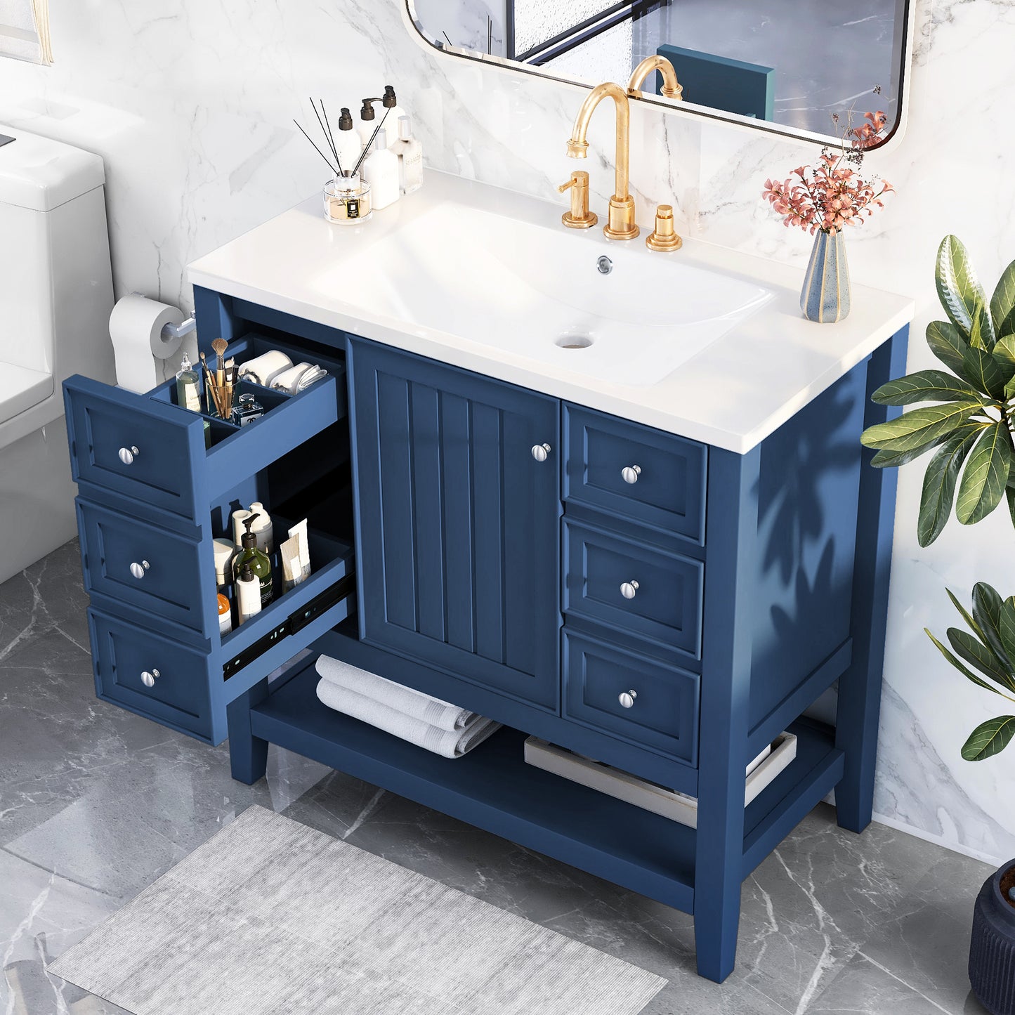 36" Blue Bathroom Vanity with Sink Combo Freestanding