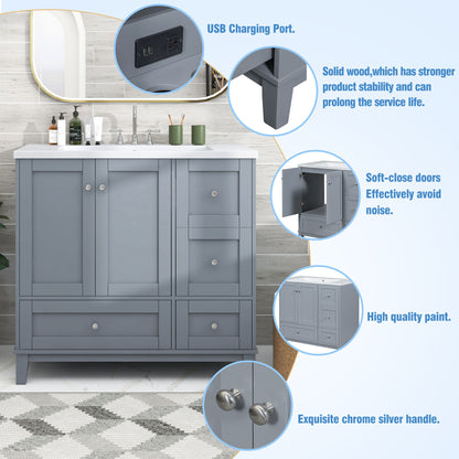 36" White & Gray Blue Bathroom Vanity with USB Charging Freestanding