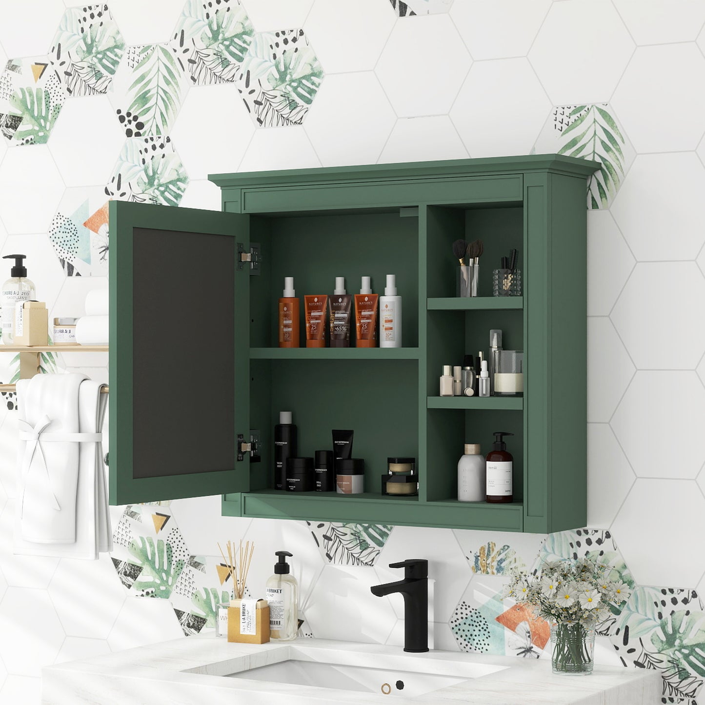 30" x 28" Medicine Cabinet Wall Mounted with Mirror and 3 Open Shelves