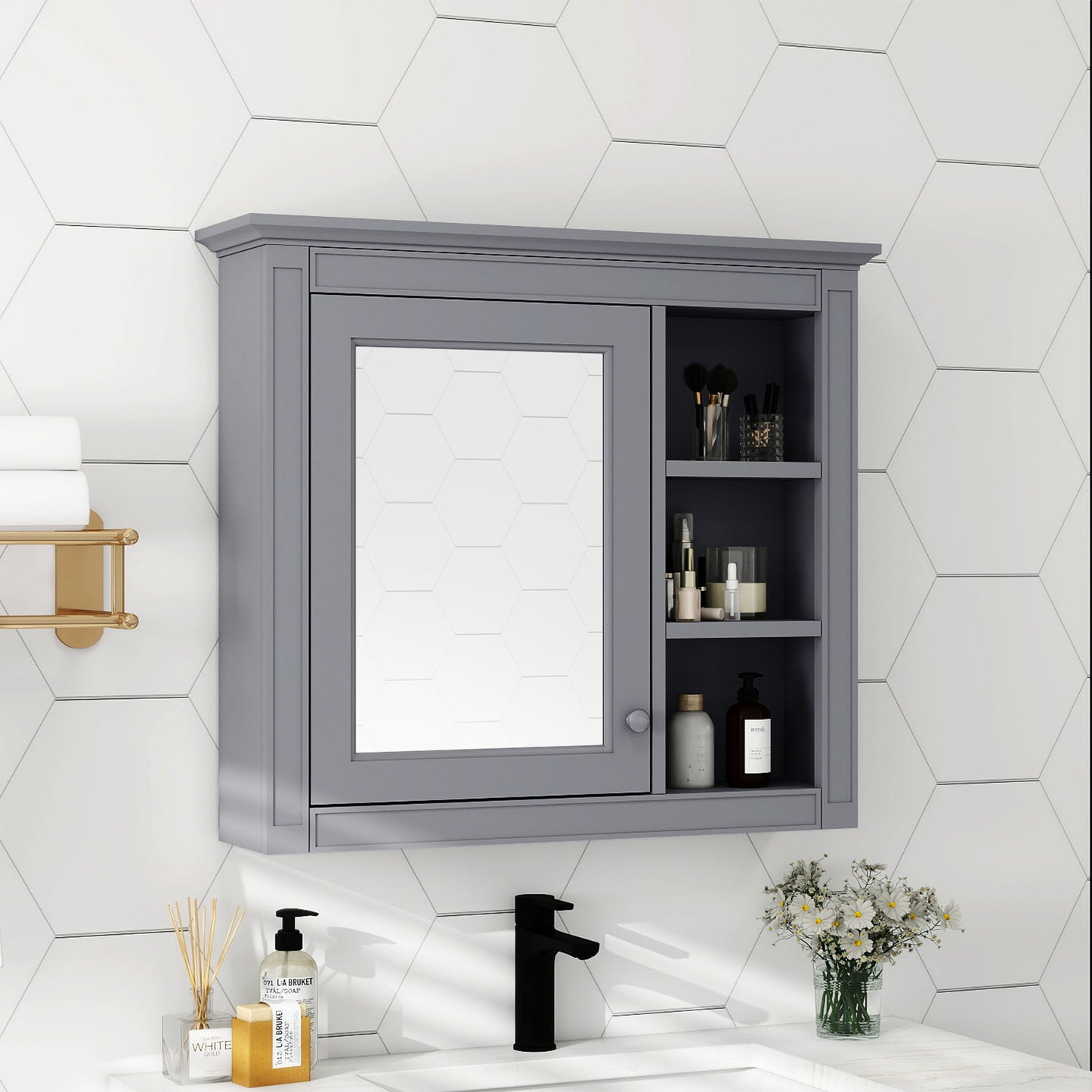 30" x 28" Medicine Cabinet Wall Mounted with Mirror and 3 Open Shelves