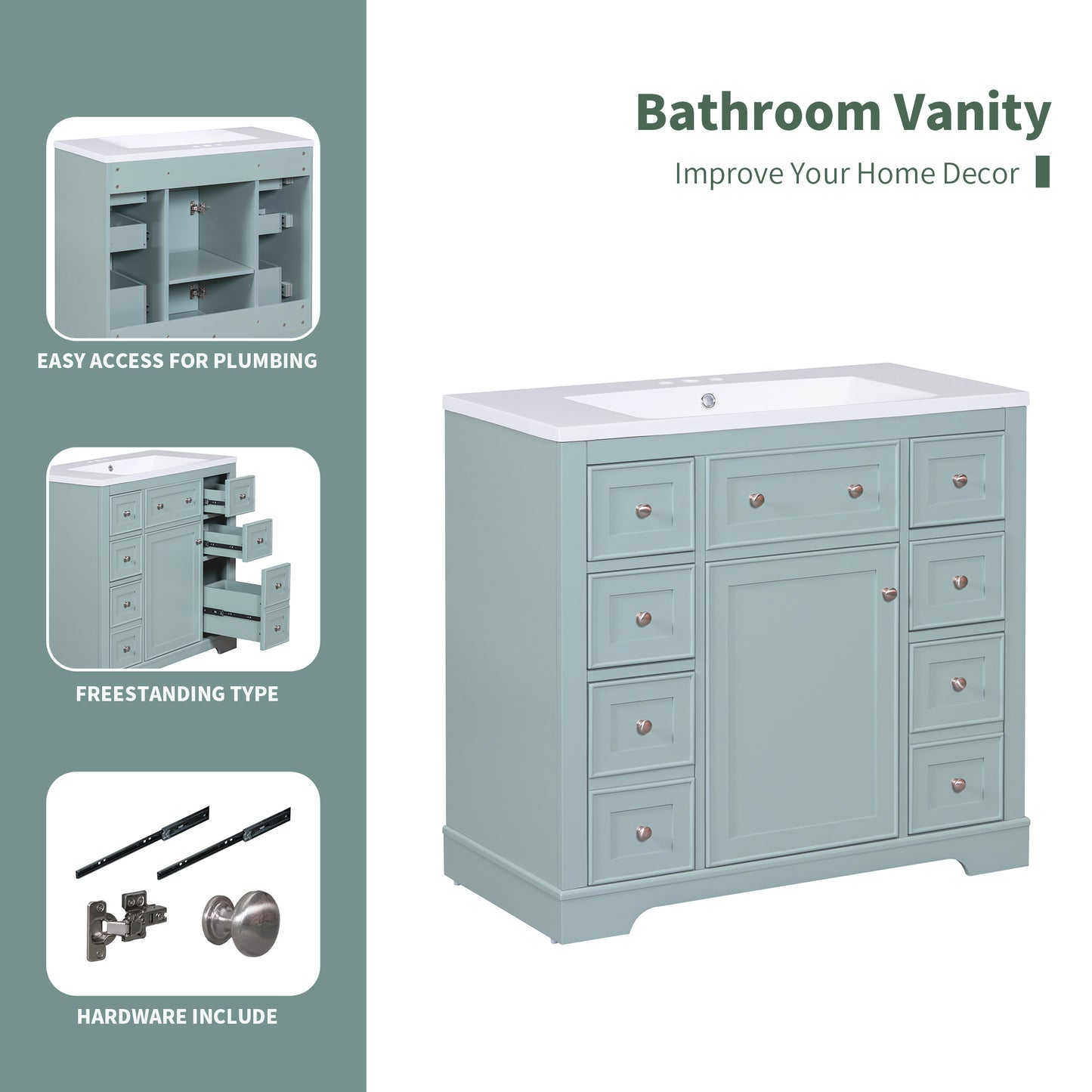 36" Green Bathroom Vanity with Sink Combo Freestanding