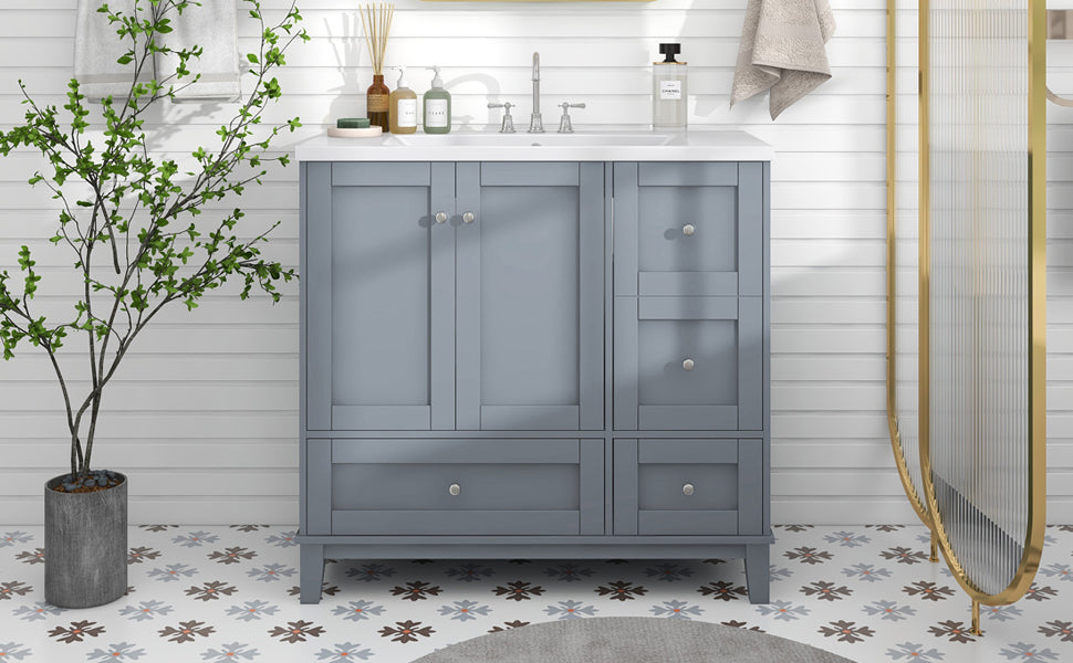 36" White & Gray Blue Bathroom Vanity with USB Charging Freestanding