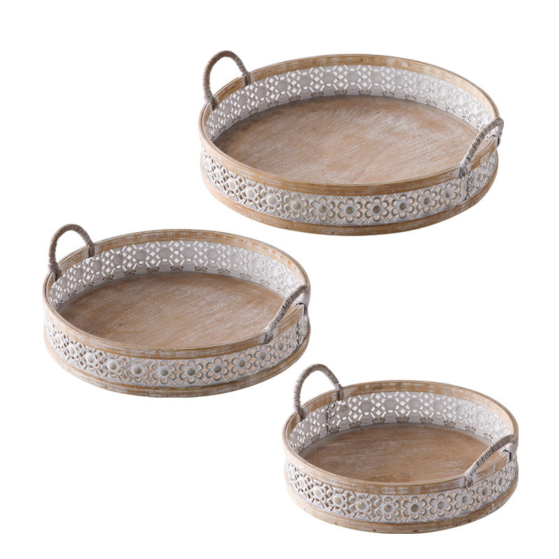 Japanese Farmhouse Storage Baskets Set of 3 – White Washed Rattan & Distressed Wooden Trays (Full Set)