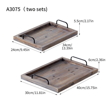 Vintage Distressed Wood Tea Tray – Rustic Farmhouse Serving Tray with Iron Handle(2pcs/set)