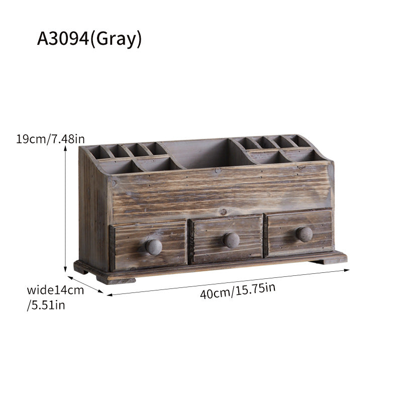 Vintage Distressed Wood Desktop Organizer – Two-Tier Rustic Drawer & Compartment Storage Box