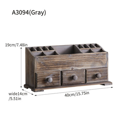 Vintage Distressed Wood Desktop Organizer – Two-Tier Rustic Drawer & Compartment Storage Box