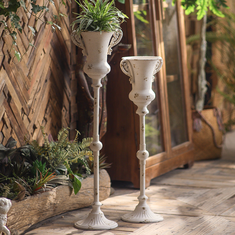 Antique Metal Pedestal Planter – Rustic Elegant Decor