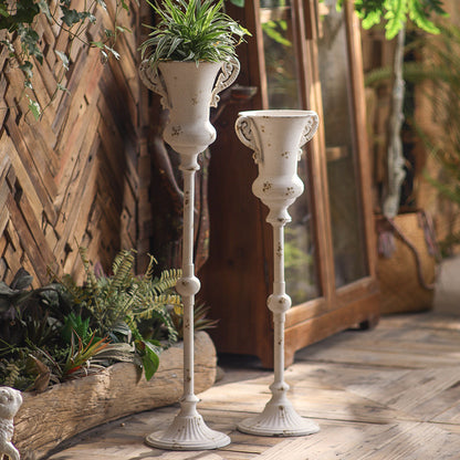 Antique Metal Pedestal Planter – Rustic Elegant Decor