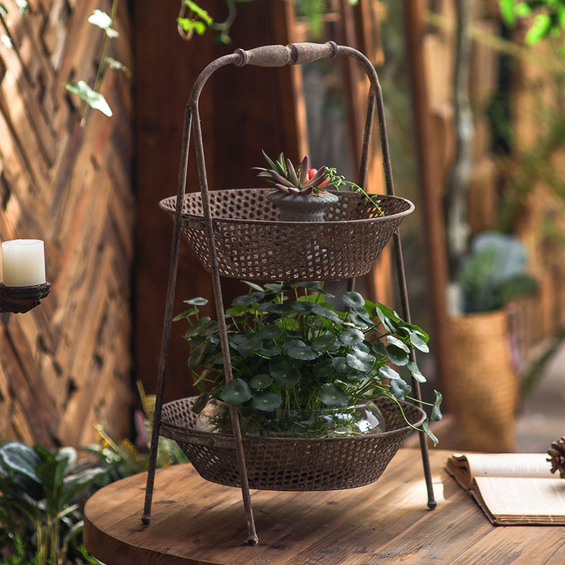Vintage Rustic Iron Tiered Plant Basket – Farmhouse Decor