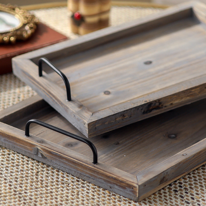 Vintage Distressed Wood Tea Tray – Rustic Farmhouse Serving Tray with Iron Handle(2pcs/set)