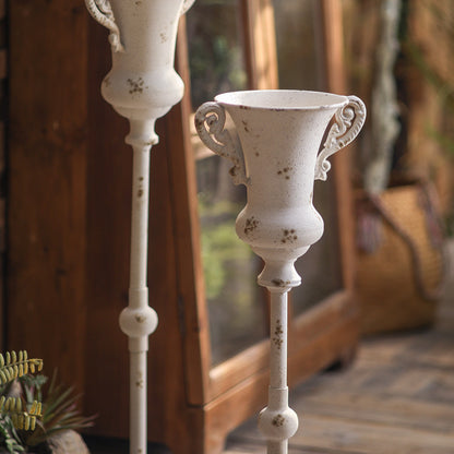 Antique Metal Pedestal Planter – Rustic Elegant Decor