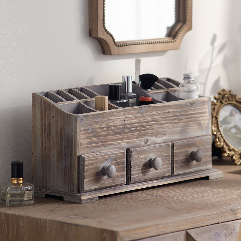 Vintage Distressed Wood Desktop Organizer – Two-Tier Rustic Drawer & Compartment Storage Box