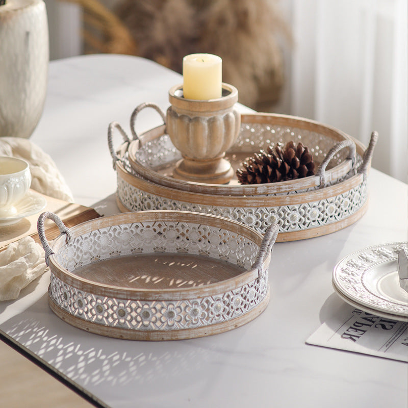 Japanese Farmhouse Storage Baskets Set of 3 – White Washed Rattan & Distressed Wooden Trays (Full Set)